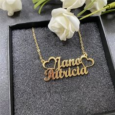 "( Double Name Necklace ) Metal:- Stainless Steel  Stone:- None Chain type:- Link Chain Description:-  It will make you exciting to see your or your loved once names on this jewelry. Material: Stainless steel Plating: 18K Silver or Gold or Rose Gold Chain Length:-  35cm, 40cm, 45cm, 50cm, 55cm If you want Solid Rose gold, Gold or Yellow Gold, let us know we can also make that for you on request.  Great for a birthday gift, a gift for a friend, Lovers gift, anniversary gift, or even a gift for yourself! → [How to process the order] 1. Please tell us the names and font number in the 'Personalization Box' Above For Example- Jasmine + Nick, Font 1 Note: if you do not choose a font, we will make same as picture font and select the finish, Size, etc from the menu option. 2. Now, click on \"Pay w Double Name Necklace, Double Name, Couple Ring Design, Name Necklace Gold, Name Pendant, A Gift For A Friend, Nameplate Necklace, Gold Name Necklace, Tiny Earrings