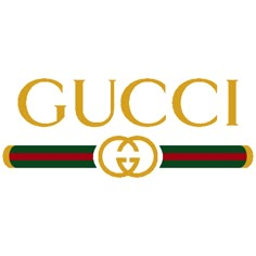 the gucci logo is shown in gold and green with a red stripe around it