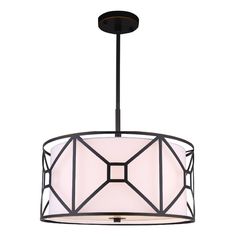 a black and white chandelier with a pink shade on the bottom, hanging from a ceiling fixture