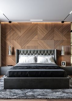 a modern bedroom with wood paneled walls