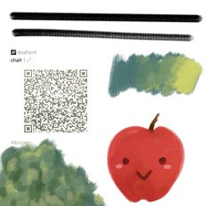 an apple and broccoli on a white background with a qr code in the middle