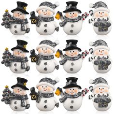 twelve snowmen with hats and scarfs are shown in different poses, each wearing a black top hat