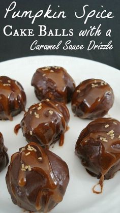 chocolate covered caramel sauce drizzled on top of pumpkin spice cake balls