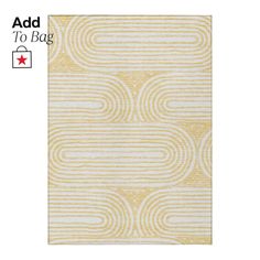 a yellow and white rug with wavy lines in the middle, on top of a white background