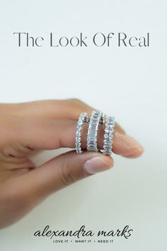 The look of a diamonds with our Oval, Baguette and around CZ Eternity band rings from Alexandra Marks Jewelry. Emerald Cut Eternity Band, Baguette Eternity Band, Eternity Band Ring, Cz Ring, Eternity Band Diamond, Diamond Eternity, Boutique Jewelry, Ring Collections, Real Diamonds