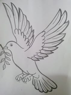 a drawing of a bird flying with a branch in its beak