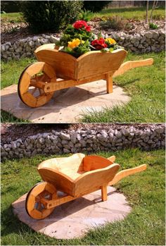 a wooden wheelbarrow with flowers in it on the ground and another photo of an old wheelbarrow