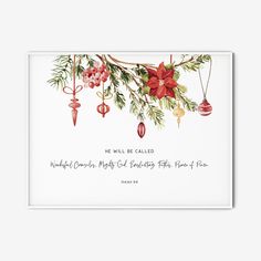 a christmas card with poinsettis and bells hanging from a tree branch that says, we will be called