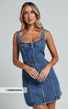 Chrysoula Mini Dress - Square Neck Zip Front Sleeveless Bodycon Denim in Mid Blue Wash | Showpo USA Denim Bodycon Dress, Blue Denim Dress, Denim And Diamonds, Gameday Outfit, Denim Details, Celebrity Dresses, Dress Sleeveless, Denim Fabric, Square Neckline