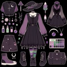 an illustration of a woman's outfit and accessories for her halloween costume, as well as other items