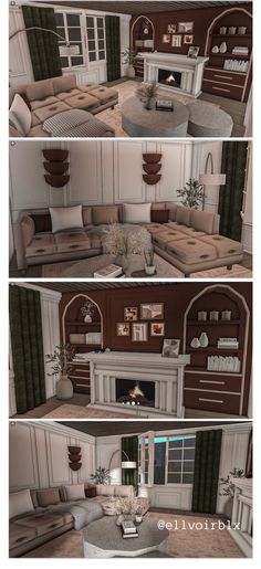 three different views of a living room with couches, tables and fireplace in it