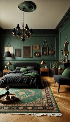 a bedroom with green walls and wooden flooring has a large bed in the middle