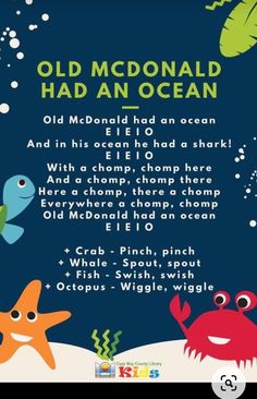 an old mcdonald had an ocean poem with sea animals and fish in the water,