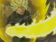 a man with yellow hair and black pants holding a lightning bolt