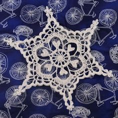 an intricate white lace design on a blue background with umbrellas and snowflakes