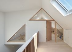 an attic bedroom with white walls and wooden floors