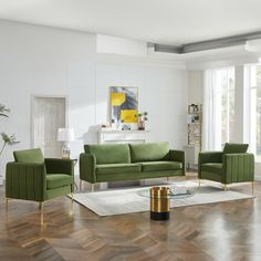 a living room filled with green couches and chairs