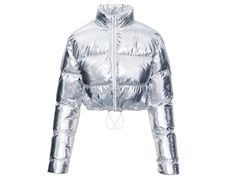 Stay warm and stylish in this metallic cropped jacket from Bafaluc. Perfect for winter, fall, and spring, this biker-style jacket features a full zip closure and drawstrings with stoppers for added convenience. The long sleeves and short length provide a comfortable fit, while the polyester outer shell material ensures durability. Hand wash only for best results. Available in silver color. ONLY 4 AVAILABLE Luxury Silver Outerwear For Winter, Metallic Winter Streetwear Outerwear, Luxury Fitted Silver Outerwear, Iridescent Puffer Jacket, Silver Puffer Jacket, Jacket Puffer, Silver Jacket, Long Sleeve And Shorts, Womens Jackets