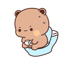 a brown teddy bear sitting on top of a blue toilet seat holding a remote control