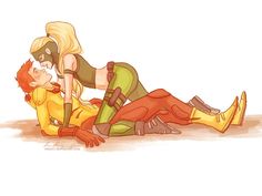 a woman laying on the ground next to a man in yellow and green clothes,