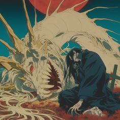 an anime scene with a demon and a woman sitting in front of a large white dragon