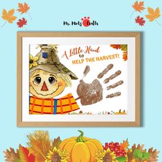 a little hand to help the harvest is displayed in front of a blue background with autumn leaves