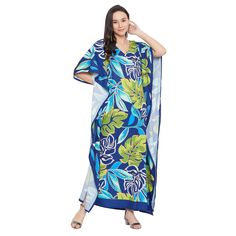 100% Polyester Pull-On Closure Material: 100% Polyester Pattern: Leaf Print Size: Fits Perfectly To Us Plus Size 1x To 3x Color: Blue & Green Length: 52 Inches Sleeve Style: Kimono 3/4 Sleeve Neck Style: V-Neckline Model: Sg152-8356 Care Instruction: Hand Wash/Machine Wash Uses: Wedding Gowns, African Dresses, Caftan Dresses, Tunic Tops, Bohemian Dresses, Medieval Dresses, Robes, Kaftan, Boho Dresses, Poncho, Christmas Gifts, Beaches, Summer Dresses, Night Gowns, Sundress, Full Length Dresses, P Blue Printed Maxi Dress For Beachwear, Blue Tropical Maxi Dress For Beach, Blue Hawaiian V-neck Dress, Blue Tropical Print Maxi Dress For Beachwear, Blue Tropical Maxi Dress For Vacation, Tropical Blue Maxi Dress For Vacation, Tropical Blue Maxi Dress For Beach, Blue Tropical Dress For Beach Cover-up, Blue V-neck Hawaiian Dress