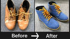 before and after photos of shoes that have been worn with yellow laces on them