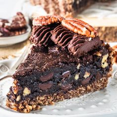 a piece of pecan brownie vegan pie on a plate