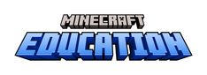 the logo for minecraft education, which is blue and has an arrow on it