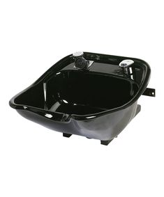 a black sink with two faucets on it