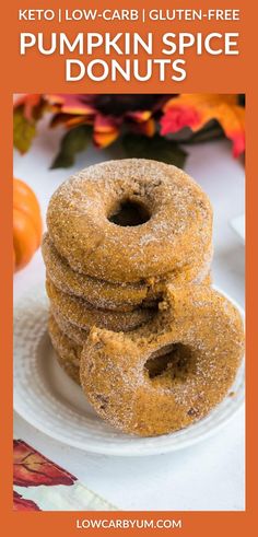 pumpkin spice donuts stacked on top of each other with the words low carb gluten - free pumpkin spice donuts