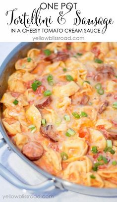 one pot tortellini and sausage pasta in a cheesy tomato cream sauce