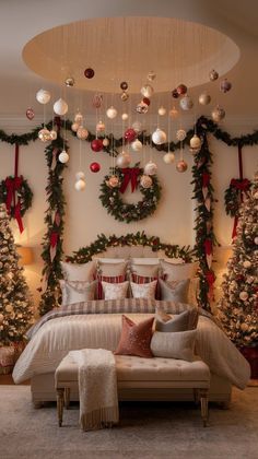 "Deck your halls with beautiful holiday decorations that add elegance and cheer to every room—perfect for making memories this season." Christmas Garland On Wall, Garland On Wall, Christmas Bedroom Decor Ideas, Cozy Christmas Bedroom, Christmas Feels, Christmas Bedroom Decor, Wall Feature, Church Decorations