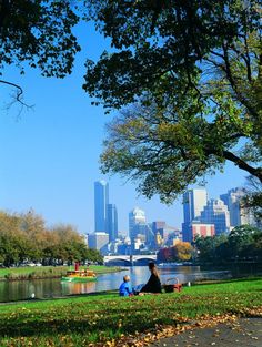 two people are sitting on the grass near water and trees in front of a city skyline