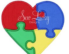 two heart shaped puzzle pieces with the words sew lucky designs on them in red, yellow and blue