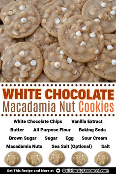 white chocolate macadamia nut cookies are on display in front of an advertisement for the store