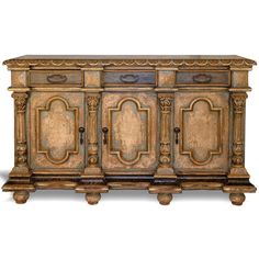 an old wooden sideboard with ornate carvings on the front and sides, against a white background