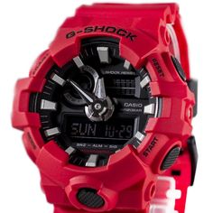 From G-SHOCK, the watch brand that constantly sets new standards for toughness, comes the GA700 analog-digital watch with bold new case silhouette featuring 3D dial and hands for a multi-dimensional, carved out of metal look. This new design not only improves reading, but projects added toughness with front button super illuminator LED light adding to its overall dynamic styling. Three colorways in black & red reflect the G-SHOCK brand concept and capture the ethos of Absolute Toughness whic Red Analog Display Watches For Outdoor, Red Analog Display Watch For Outdoor, Red Outdoor Watch With 10atm Water Resistance, Red Outdoor Watch With Analog Display, Red Outdoor Analog Display Watches, Red Outdoor Chronograph Watch With Analog Display, Outdoor Red Chronograph Watch With Analog Display, Red Digital Watch With Stopwatch For Outdoor, Red Analog Outdoor Watch