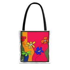 Bring a touch of nature's beauty to your everyday life with this stylish tote bag. Featuring a colorful illustration of flowers, this bag is perfect for carrying groceries, library books, or anything your day throws your way.  Available in 3 sizes: * 13 * 13 inches (33.02 cm) * 16 * 16 inches (40.64 cm) * 18 * 18 inches (45.72 cm) * The width in all 3 options is 3.46 inches (8.80 cm) Three handle colors options: * White * Black  Please note: - Made with 100% polyester. Extremely strong and durable synthetic fabric that retains its shape and dries quickly. - Cotton handle. - The bag comes with a non-woven laminate inside. Care Instructions: Remove all items from the bag before cleaning. Suggested to pretreat visible stains with stain remover. Mix warm water with laundry detergent and clean Artistic Rectangular Summer Bag, Rectangular Spring Gift Bags, Trendy Floral Print Bags For Everyday Use, Artistic Tote Bags For Spring, Multicolor Rectangular Canvas Bag With Floral Print, Artistic Spring Tote Bag, Artistic Bags For Everyday Use In Spring, Green Floral Print Rectangular Bag, Flower Shaped Multicolor Shoulder Bag