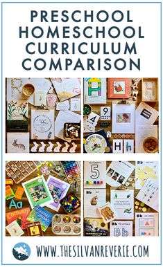 a collage of photos with the words preschool homeschool curriculum comparison on it