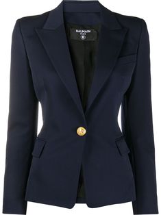 Marine blue cotton/wool-blend button-front blazer from BALMAIN featuring notched lapels, front button fastening, long sleeves, buttoned cuffs and two front flap pockets. | Balmain Button-Front Blazer Navy Blue Blazer Women, Balmain Jacket, Balmain Clothing, Balmain Blazer, Navy Blue Blazer, Blazer Blue, Blue Wool, Dolce & Gabbana, Lady Dior