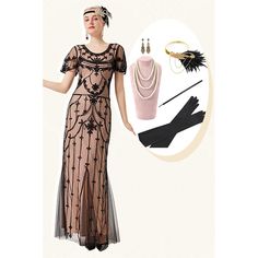 a woman in a dress and accessories including gloves, necklaces, bracelets and earrings