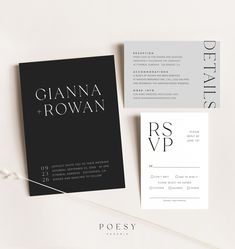 the wedding stationery is laid out on top of each other, including an elegant black and white design