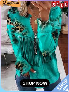 Women's Stitching Tassels Leopard Printed V-neck Long Sleeve Top Ladies Tops Fashion, Fashion Games, Long Sleeve Top, Size Clothing, Plus Size Outfits, Leopard Print, Tassels, Long Sleeve Tops, Sleeve Top