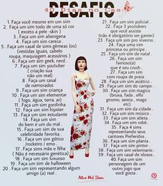 a woman in a white dress with red flowers on it's chest and the words desafio