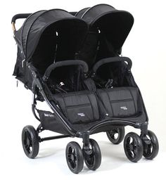 three baby strollers with black seats and wheels on a white background, one is facing the camera