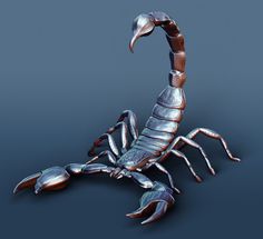 a metal scorpion is shown on a blue background with black border around the image and it's shadow