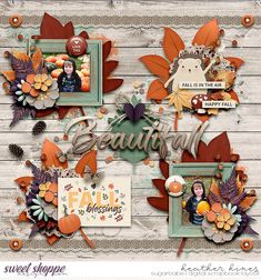 an autumn scrapbook page with leaves, flowers and words that say'beautiful '