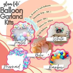 the balloon garland kits are available for all types of balloons and party decorations, such as cake toppers